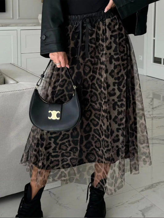 Leopard Print Tulle Midi Skirt