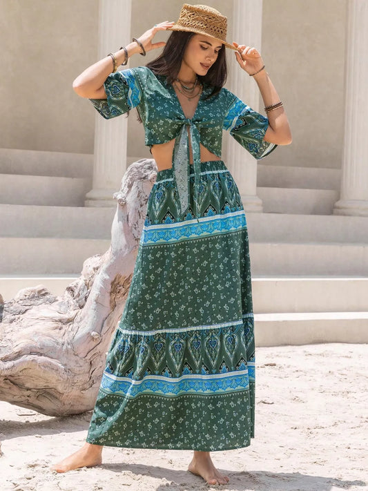 Tie Front Half Sleeve Top and Skirt Set