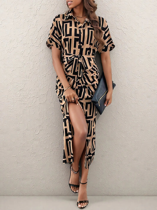 Geometric Print Belted Midi Dress