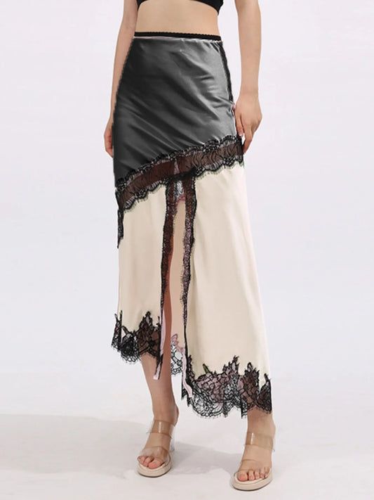 Lace Trim Asymmetrical Midi Skirt