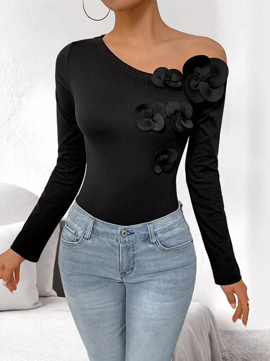 Flower One Shoulder Long Sleeve Bodysuit