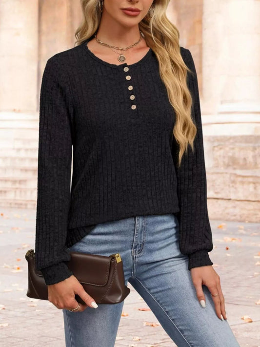 Ribbed Knit Button-Front Long Sleeve T-Shirt