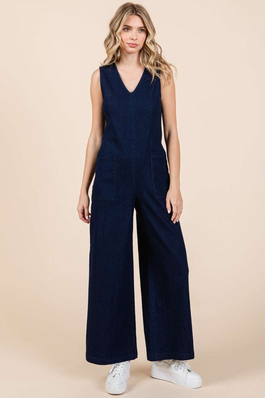 Mittoshop Sleeveless Wide Leg Denim Jumpsuit