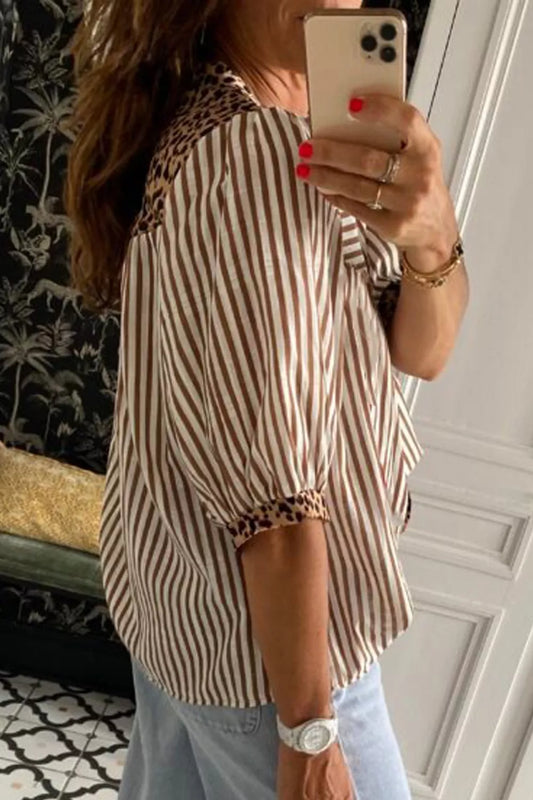 Striped Leopard Trim Button-Down Shirt
