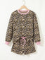 Leopard Print Contrast Edge Long Sleeve Pullover Shorts Set