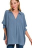 Zenana Airflow Collar Tee with Smocked Sleeve Band Top