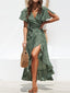 Tied Ruffled Printed Short Sleeve Midi Wrap Dress