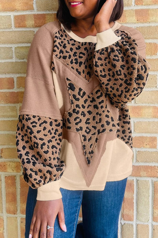 Leopard Star Patchwork Round Neck Sweatshirt
