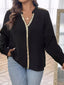 Sequin Trim Notched Long Sleeve Blouse