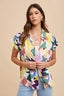 Annie Wear Multi Color Button Down Pleated Shoulder Top