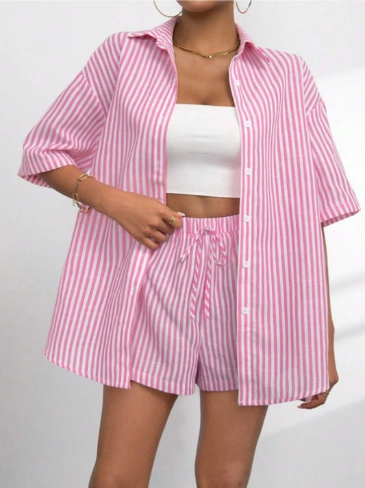 Striped Button Up Shirt and Shorts Set