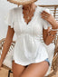 Eyelet Lace Detail V-Neck Short Sleeve Blouse