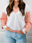 Stripe V Neck Drop Shoulder Patchwork Long Sleeve Top