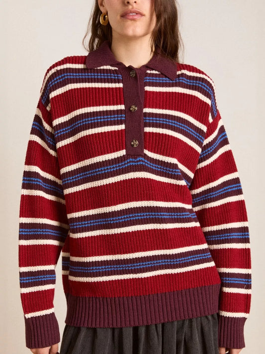 Striped Button Detail Polo Collar Sweater