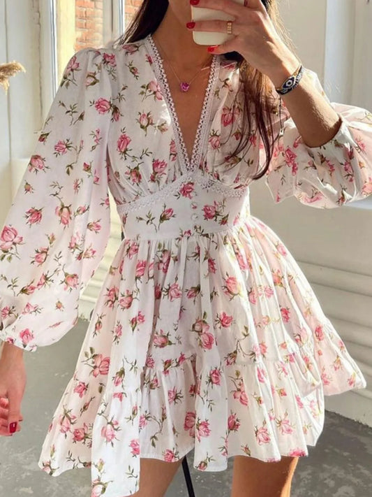 Full Size Floral V-Neck Long Sleeve Mini Dress Plus Size