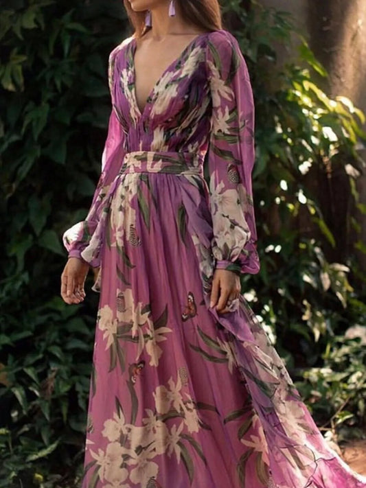 Full Size Floral Print Long Sleeve Maxi Dress Plus Size