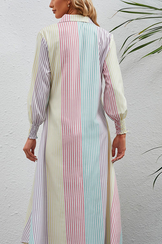 Rainbow Stripe Button-Up Maxi Shirt Dress