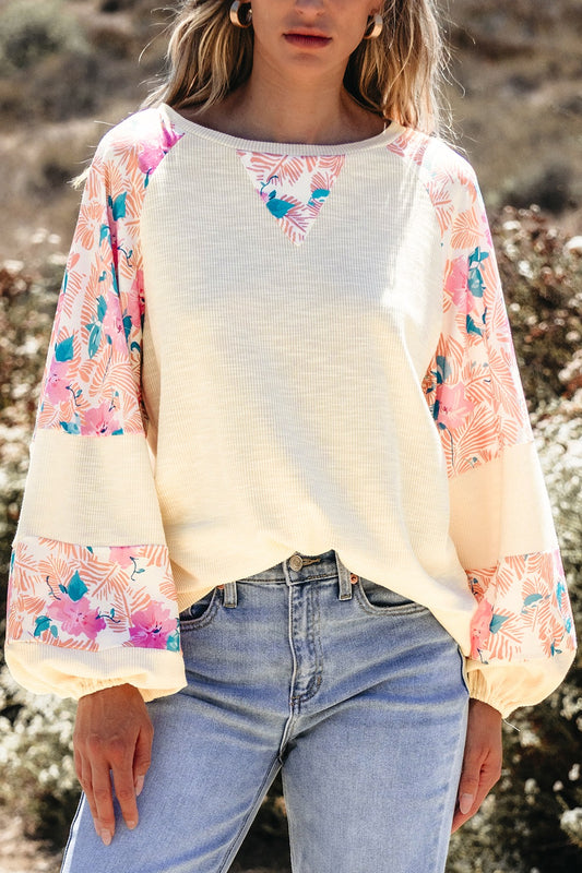 Printed Round Neck Balloon Sleeve Sweatshirt