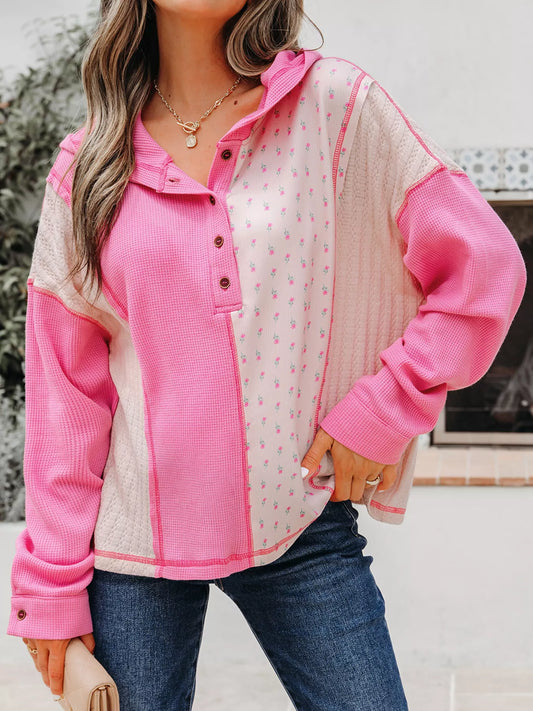 Mixed Texture Waffle Floral Patchwork Hooded Oversize Pullover