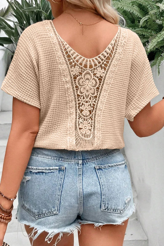 Plus Size Textured Lace Round Neck Short Sleeve T-Shirt