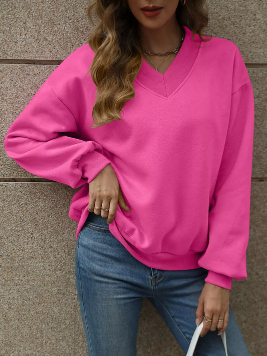 V-Neck Solid Color Casual Sweatshirt