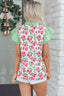 Floral Print Striped Ruffle Trim V Neck Blouse