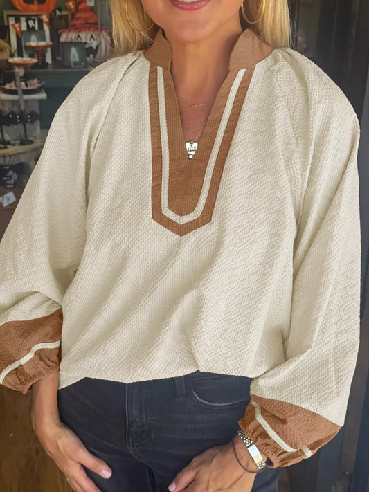 Contrast Notched Balloon Sleeve Blouse