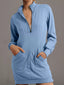 Zip Up Collared Ribbed Patchwork Sweatshirt Dress with Pockets