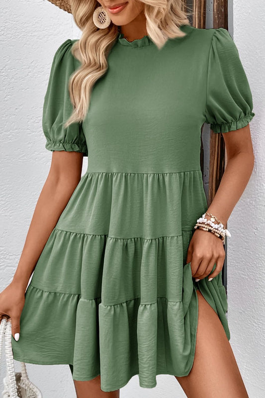 Perfee Puff Sleeve Tie Back Tiered Dress