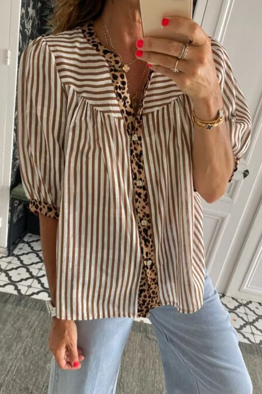 Striped Leopard Trim Button-Down Shirt