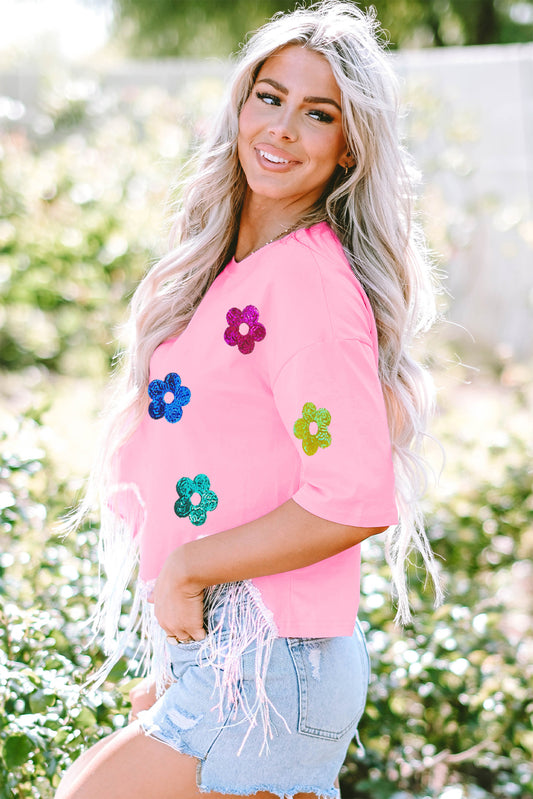 Sequin Flower Round Neck Half Sleeve T-Shirt