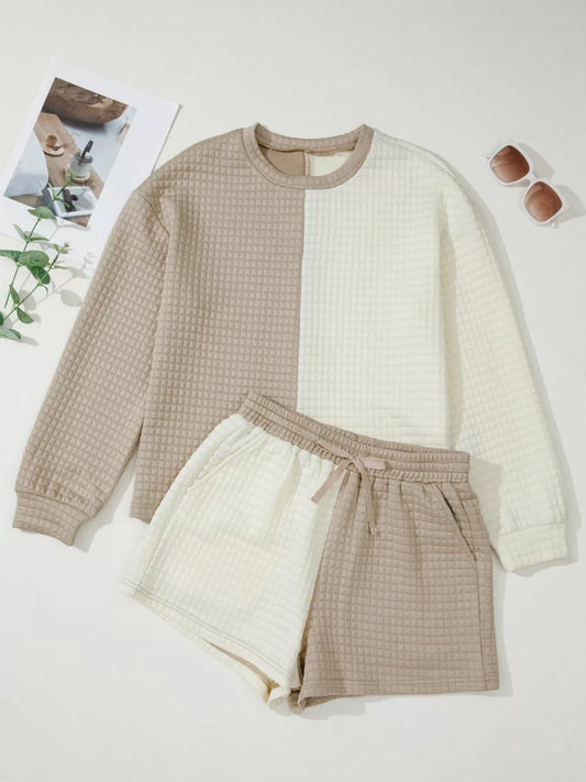 Color Block Patchwork Textured Long Sleeve Top and Short Lounge Set