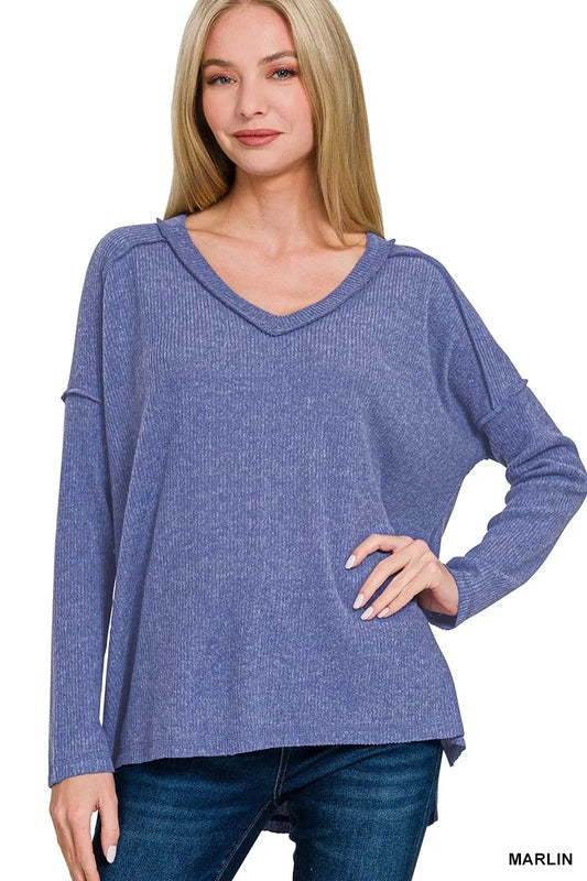 Zenana Full Size Brushed Ribbed Hacci Drop Shoulder V-Neck Sweater Plus Size