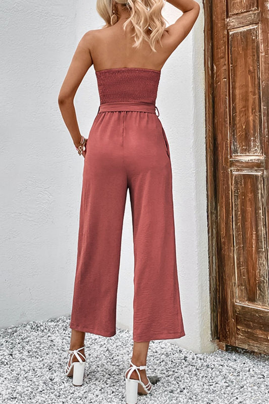 Perfee Decorative Button Strapless Smocked Jumpsuit with Pockets