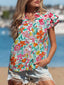 Floral Print Split Neck Button Front Flutter Sleeve Blouse
