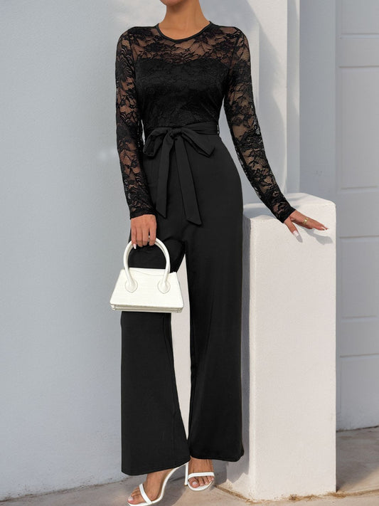 Perfee Lace Round Neck Long Sleeve Jumpsuit