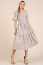 GeeGee Floral Embroidered Smocked Puff Sleeve Tiered Midi Dress