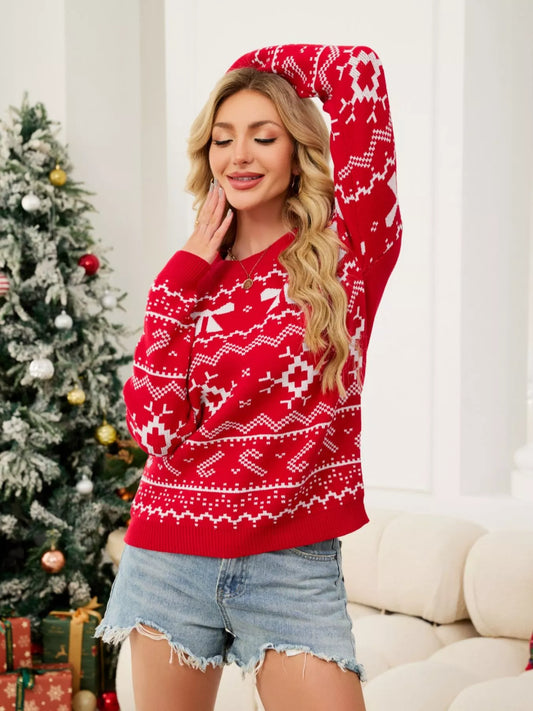 Christmas Bow Round Neck Sweater
