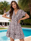 Leopard V-Neck Flounce Sleeve Mini Dress