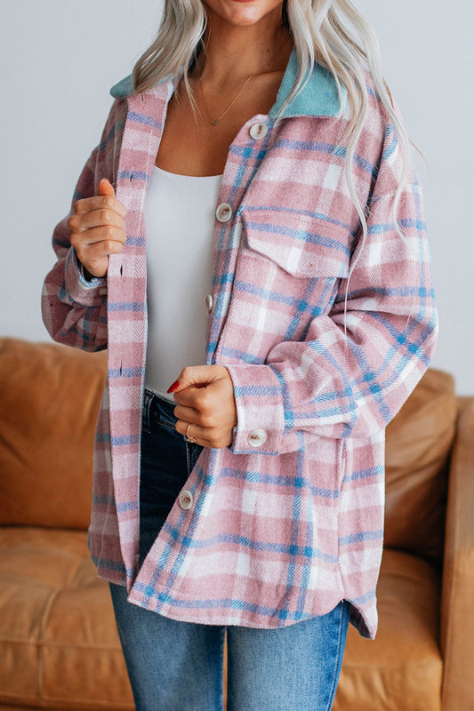 Plaid Collared Neck Flap Pockets Shacket