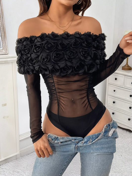 Flower Off-Shoulder Mesh Bodysuit