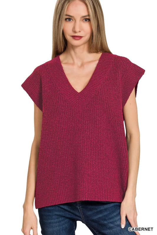 Zenana Ribbed Slit V-Neck Sweater Vest