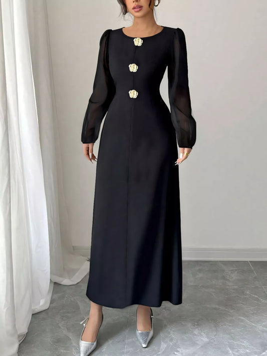 Flower Round Neck Long Sleeve Dress