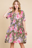 BOMBOM Flower Print V-Neck Half Sleeve Dress