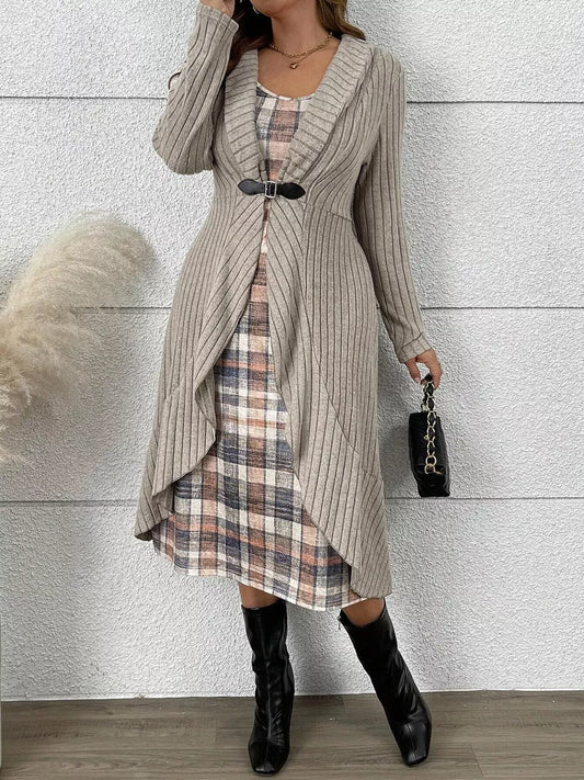 Full Size Plaid Dress & Ribbed Knit Cardigan Set Plus Size