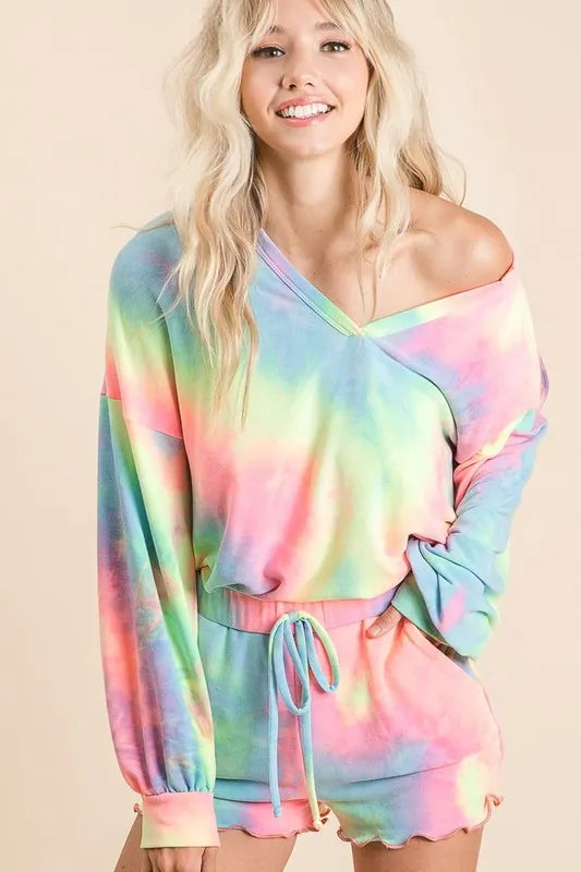 BiBi Tie Dye French Terry Top With Balloon Sleeves