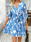 Devine Printed Surplice Ruffled 3/4 Sleeve Mini Dress