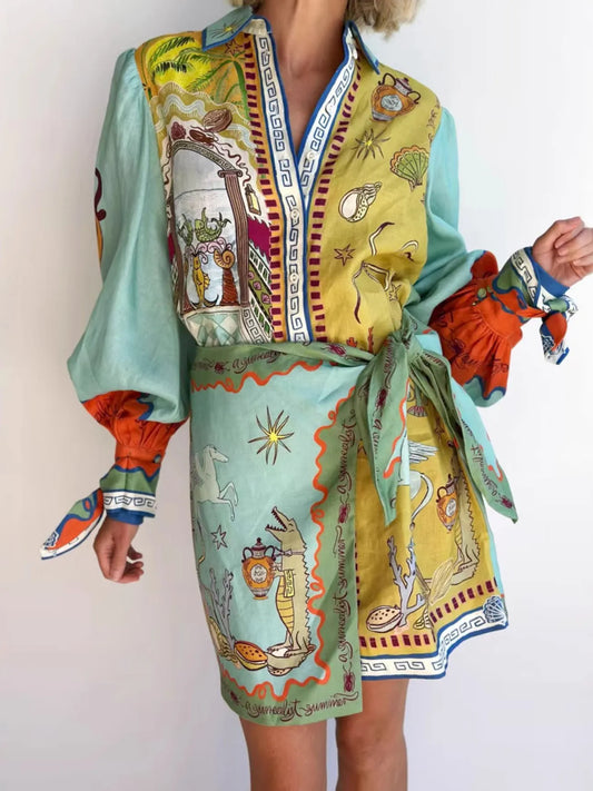 Printed Long Sleeve Shirt Dress
