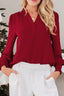 Notched Neck Shirred Cuff Long Sleeve Blouse