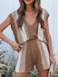 Openwork Color Block V-Neck Top and Shorts Sweater Set